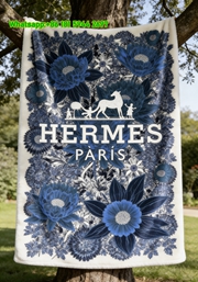 Hermès Blue Floral Flannel Fleece Throw Blanket IMG_4975